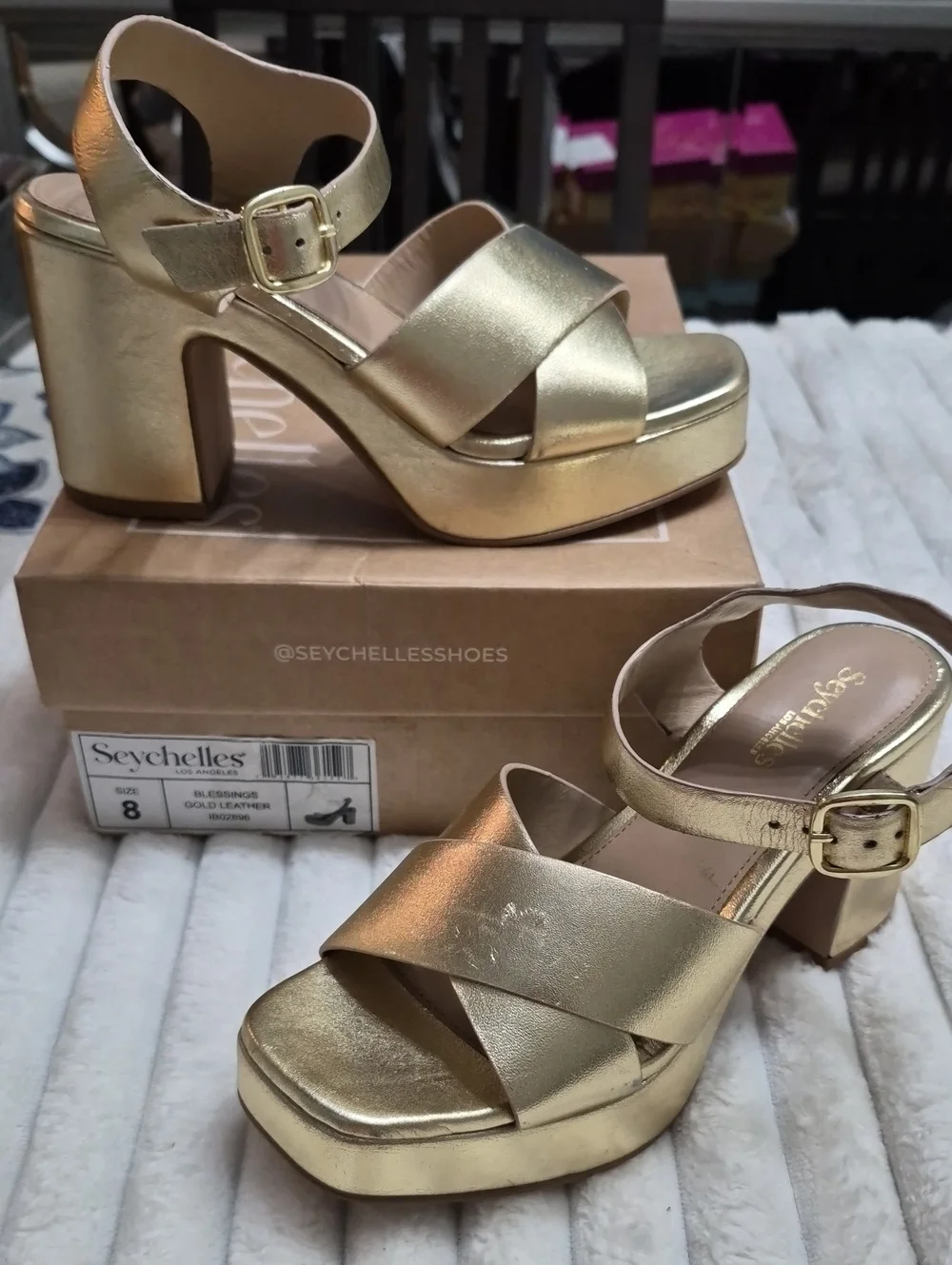 Seychelles Los Angeles Gold Leather Heeled Platform Sandals Womens Sz 8 M